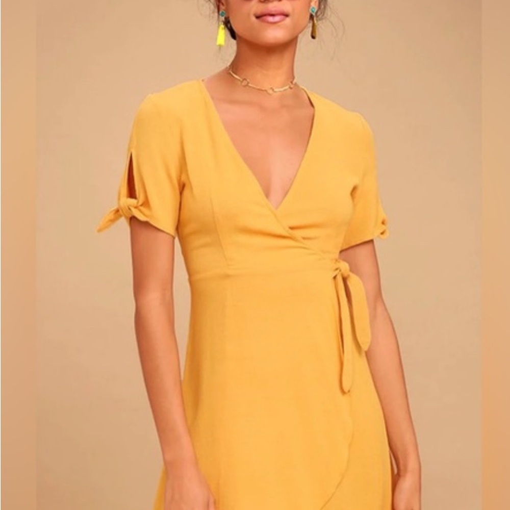 Lulu's Yellow Mini Wrap Dress V-Neck Tie Front